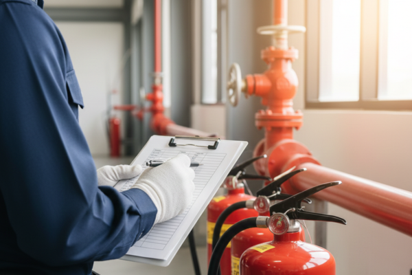 Bombeiro Com Prancheta na Mão olhando extintores