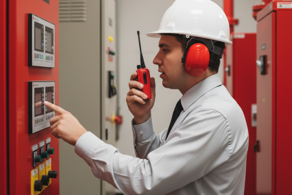 Engenheiro mexendo em painel de controle